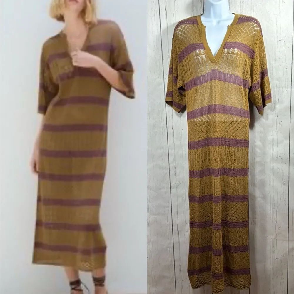 Zara Crochet Minimalist Knit Sheer Midi Dress Mustard Plum Boho Beach Resort